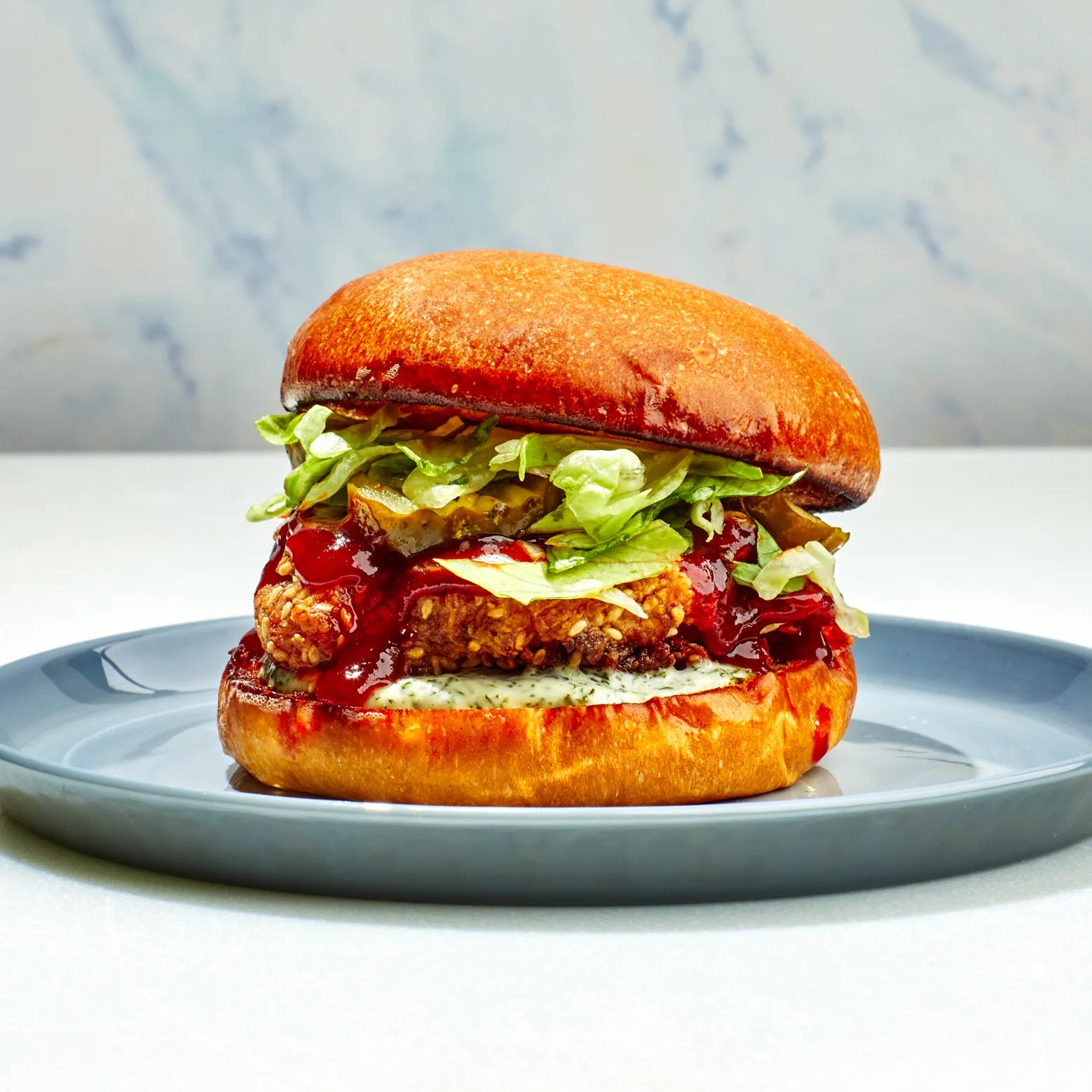 Spicy Korean chicken sandwich with gochujang sauce